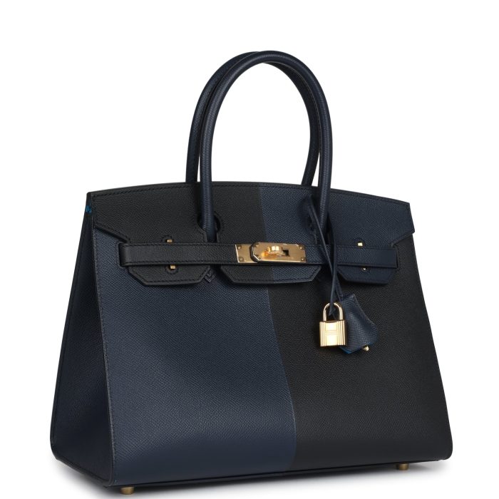 Handmade Bag HCBS 30 Black, Bleu Indigo and Bleu Zanzibar Epsom Gold Hardware - 图片 2