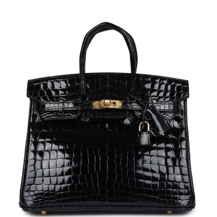 Handmade Bag HB 25 Black Shiny Niloticus Crocodile Gold Hardware