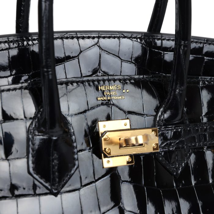 Handmade Bag HB 25 Black Shiny Niloticus Crocodile Gold Hardware - 图片 6