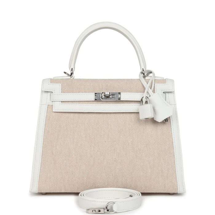 Handmade HKS 25 New White Swift and Ecru-Beige Toile H Canvas Palladium Hardware