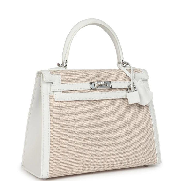 Handmade HKS 25 New White Swift and Ecru-Beige Toile H Canvas Palladium Hardware - 图片 2