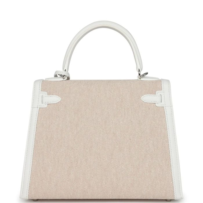 Handmade HKS 25 New White Swift and Ecru-Beige Toile H Canvas Palladium Hardware - 图片 4