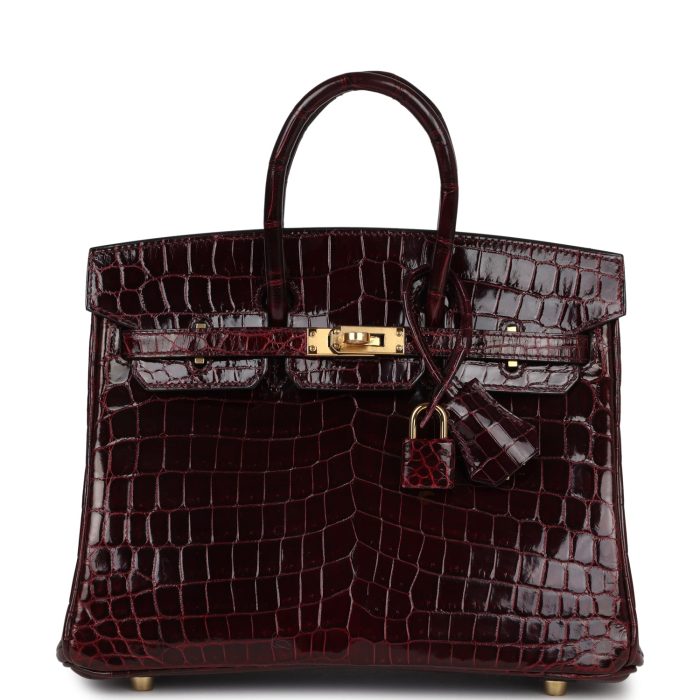 Handmade Bag HB 25 Bordeaux Shiny Niloticus Crocodile Gold Hardware