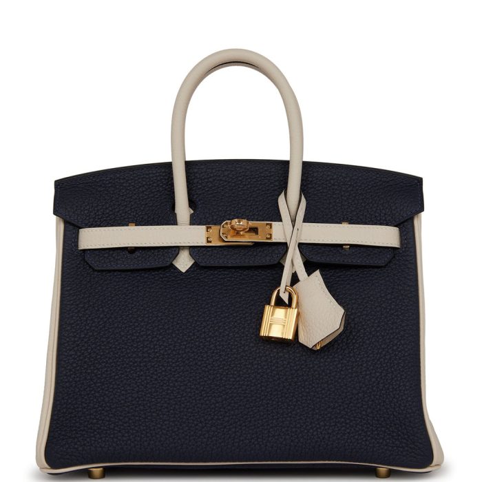 Handmade Bag HSOB(HSS) 25 Bleu Nuit and Craie Togo Gold Hardware