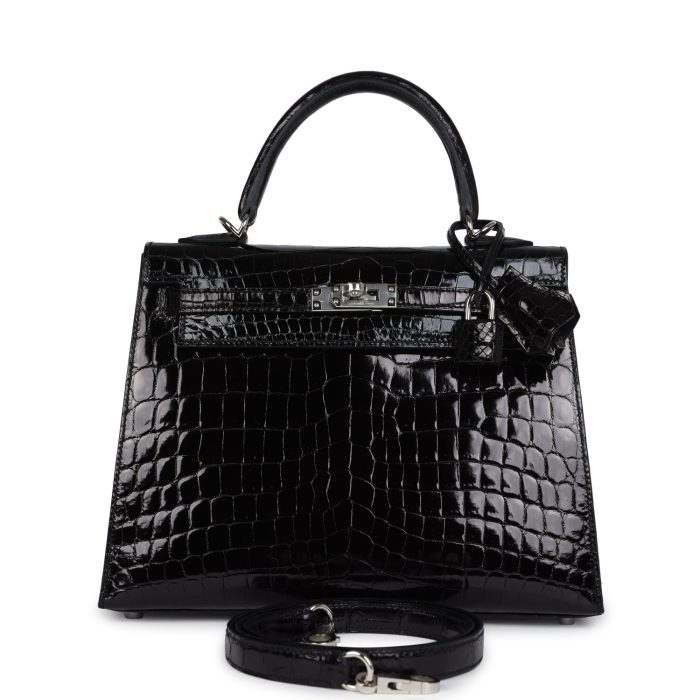 Handmade HKS 25 Black Shiny Niloticus Crocodile Palladium Hardware