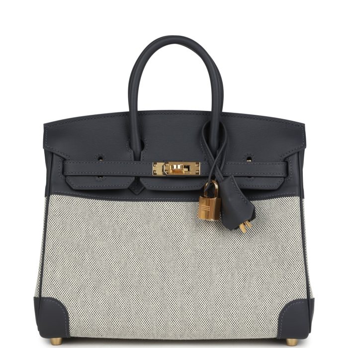 Handmade Bag HB 25 Ecru and Ardoise Toile H Canvas and Ardoise Swift Gold Hardware