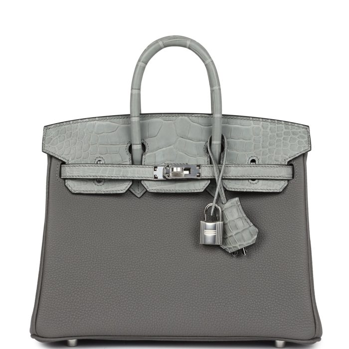 Handmade Bag HB 25 Gris Meyer Togo and Gris Ciment Matte Alligator Touch Palladium Hardware
