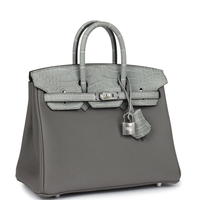 Handmade Bag HB 25 Gris Meyer Togo and Gris Ciment Matte Alligator Touch Palladium Hardware - 图片 2