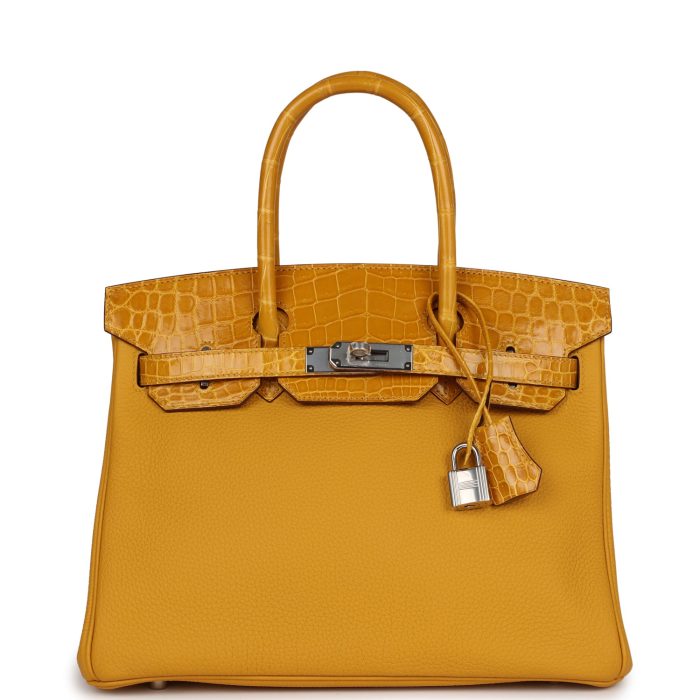 Handmade Bag HB 30 Jaune Ambre Shiny Niloticus Crocodile and Togo Touch Palladium Hardware
