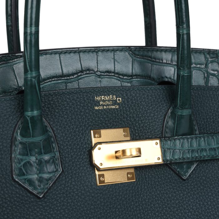 Handmade Bag HB 30 Vert Cypress Togo and Matte Alligator Touch Gold Hardware - 图片 5