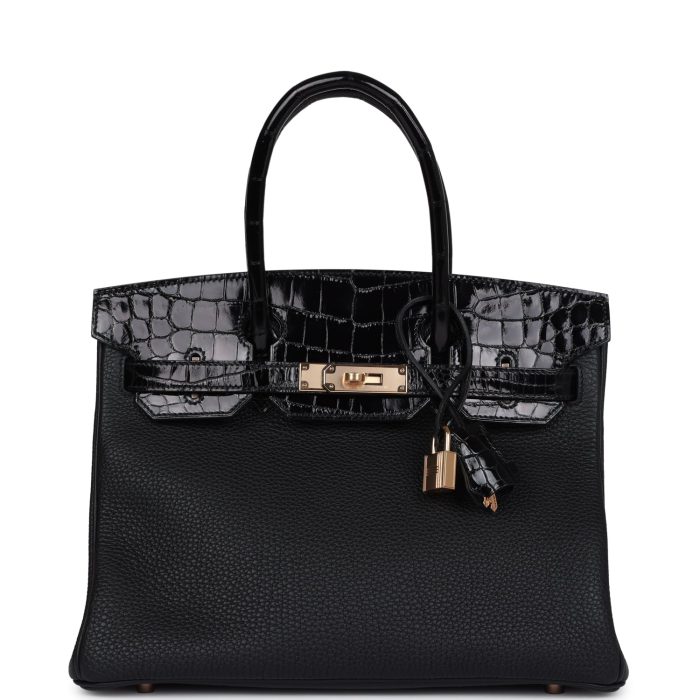 Handmade Bag HB 30 Black Shiny Niloticus Crocodile and Togo Touch Rose Gold Hardware