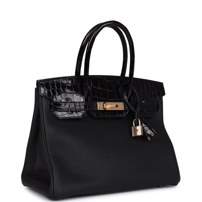 Handmade Bag HB 30 Black Shiny Niloticus Crocodile and Togo Touch Rose Gold Hardware - 图片 2