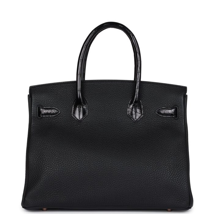 Handmade Bag HB 30 Black Shiny Niloticus Crocodile and Togo Touch Rose Gold Hardware - 图片 4