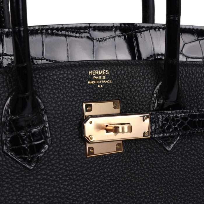 Handmade Bag HB 30 Black Shiny Niloticus Crocodile and Togo Touch Rose Gold Hardware - 图片 6