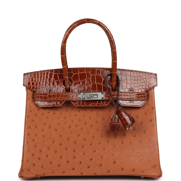 Handmade Bag HB 30 Miel Shiny Alligator and Cognac Ostrich Touch Palladium Hardware