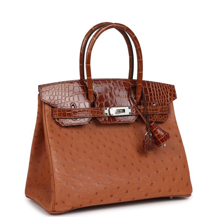 Handmade Bag HB 30 Miel Shiny Alligator and Cognac Ostrich Touch Palladium Hardware - 图片 2