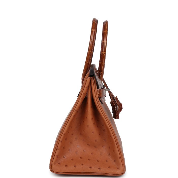 Handmade Bag HB 30 Miel Shiny Alligator and Cognac Ostrich Touch Palladium Hardware - 图片 3