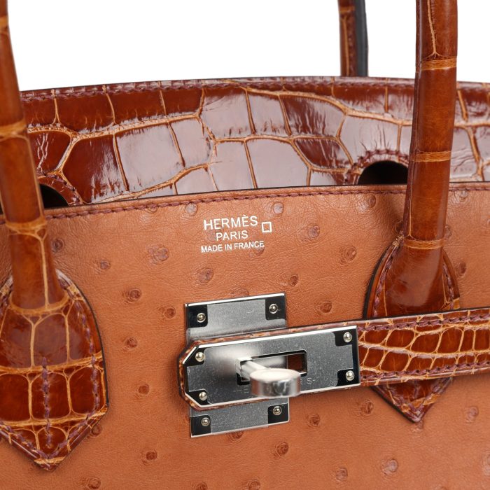 Handmade Bag HB 30 Miel Shiny Alligator and Cognac Ostrich Touch Palladium Hardware - 图片 6
