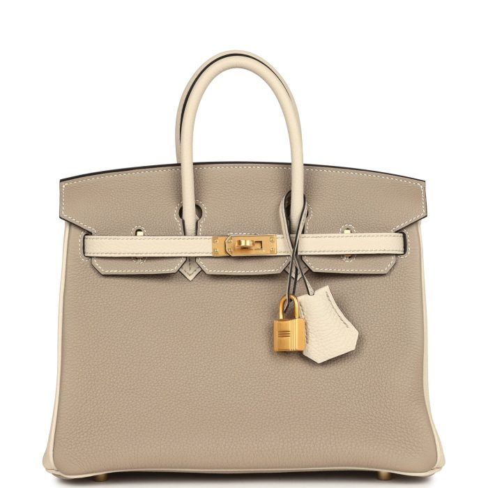 Handmade Bag HSOB(HSS) 25 Gris Tourterelle and Craie Togo Brushed Gold Hardware
