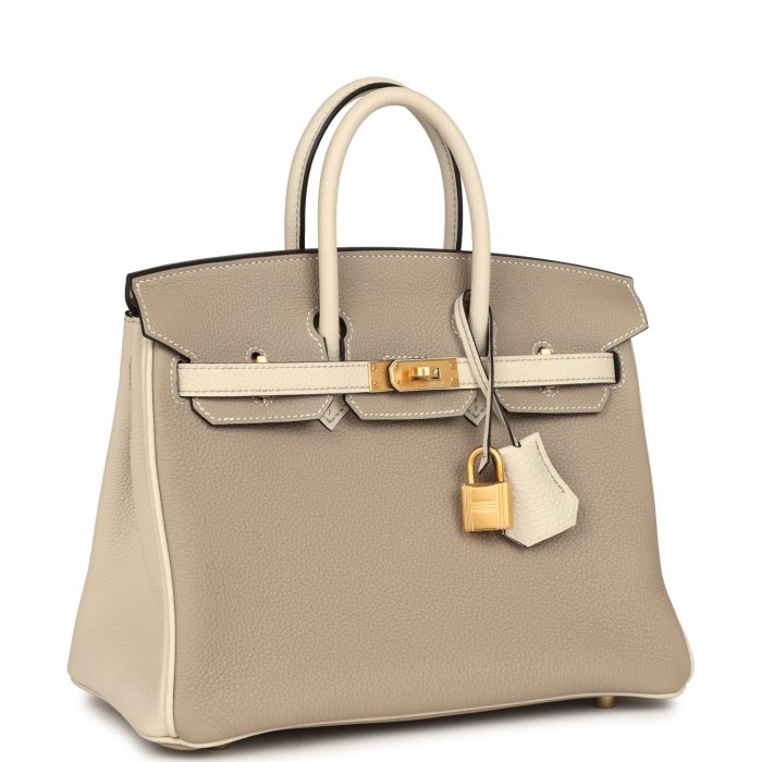 Handmade Bag HSOB(HSS) 25 Gris Tourterelle and Craie Togo Brushed Gold Hardware - 图片 2