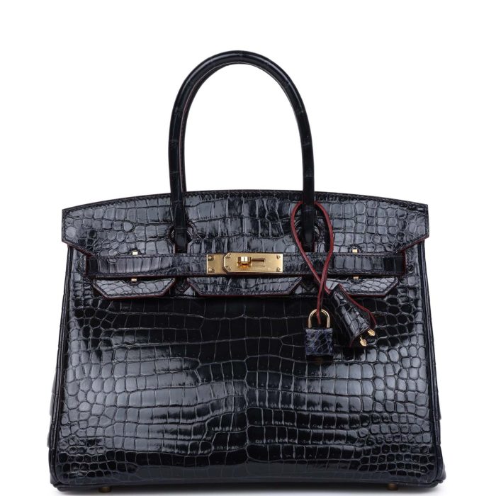 Handmade Bag HB 30 Bleu Marine and Rouge H Contour Shiny Porosus Crocodile Gold Hardware