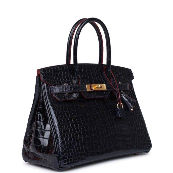 Handmade Bag HB 30 Bleu Marine and Rouge H Contour Shiny Porosus Crocodile Gold Hardware - 图片 2