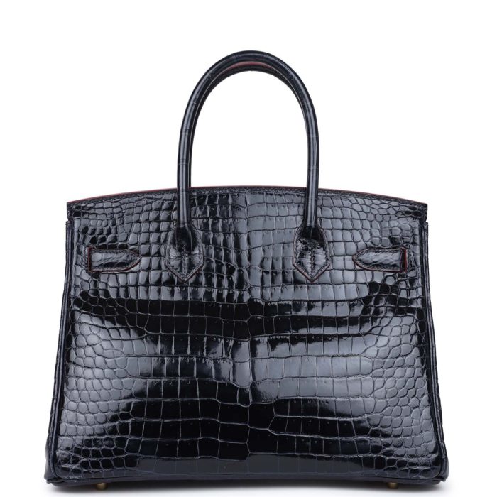 Handmade Bag HB 30 Bleu Marine and Rouge H Contour Shiny Porosus Crocodile Gold Hardware - 图片 4