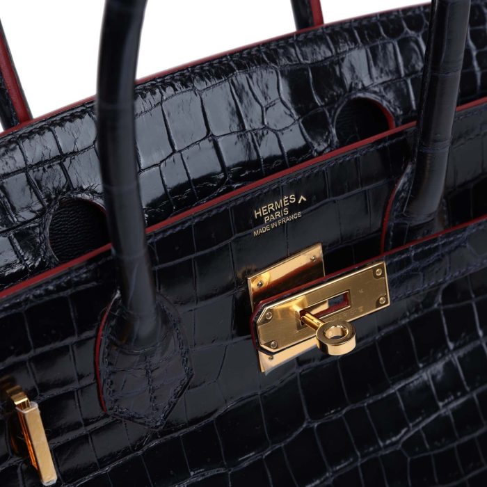 Handmade Bag HB 30 Bleu Marine and Rouge H Contour Shiny Porosus Crocodile Gold Hardware - 图片 5