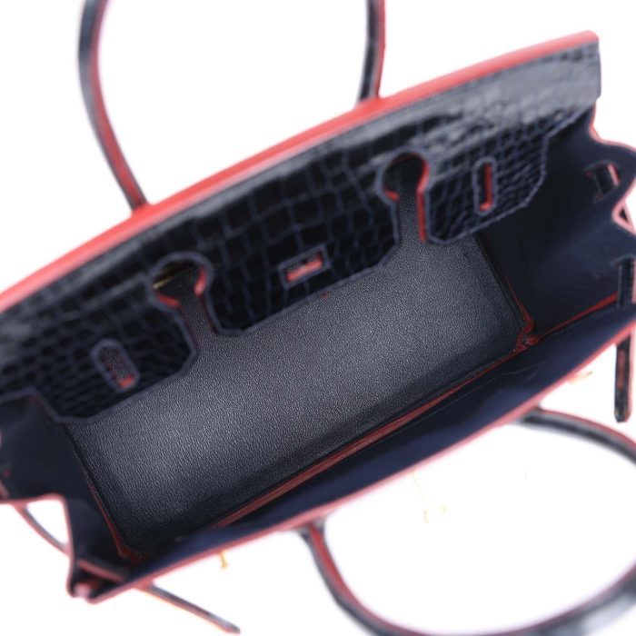 Handmade Bag HB 30 Bleu Marine and Rouge H Contour Shiny Porosus Crocodile Gold Hardware - 图片 6