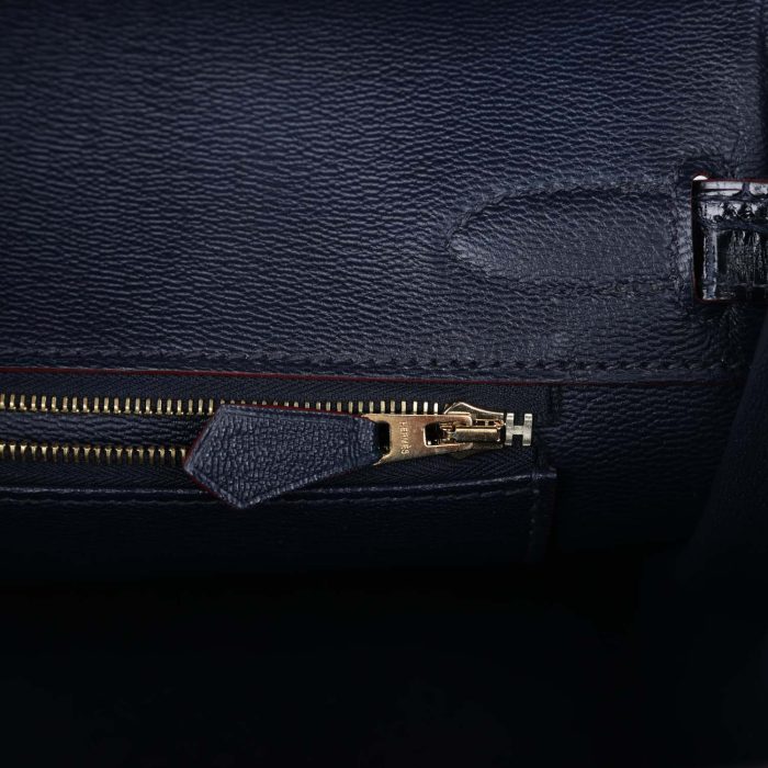 Handmade Bag HB 30 Bleu Marine and Rouge H Contour Shiny Porosus Crocodile Gold Hardware - 图片 7