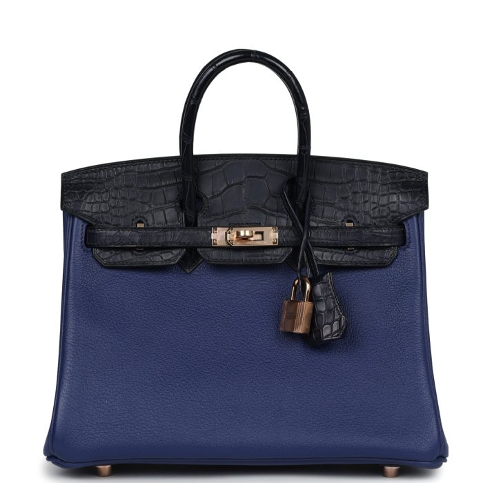 Handmade Bag HB 25 Bleu Saphir Taurillion Novillo and Bleu Marine Matte Alligator Touch Rose Gold Hardware