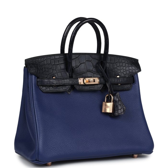 Handmade Bag HB 25 Bleu Saphir Taurillion Novillo and Bleu Marine Matte Alligator Touch Rose Gold Hardware - 图片 2