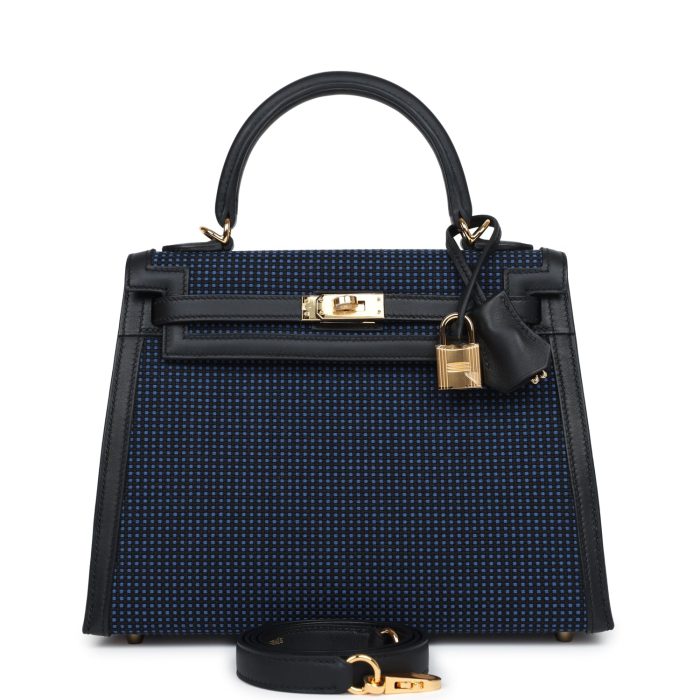 Handmade HKS 25 Black Swift and Bleu Saphir Toile Gold Hardware