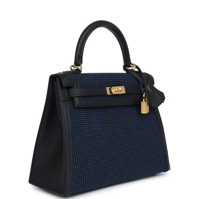 Handmade HKS 25 Black Swift and Bleu Saphir Toile Gold Hardware - 图片 3