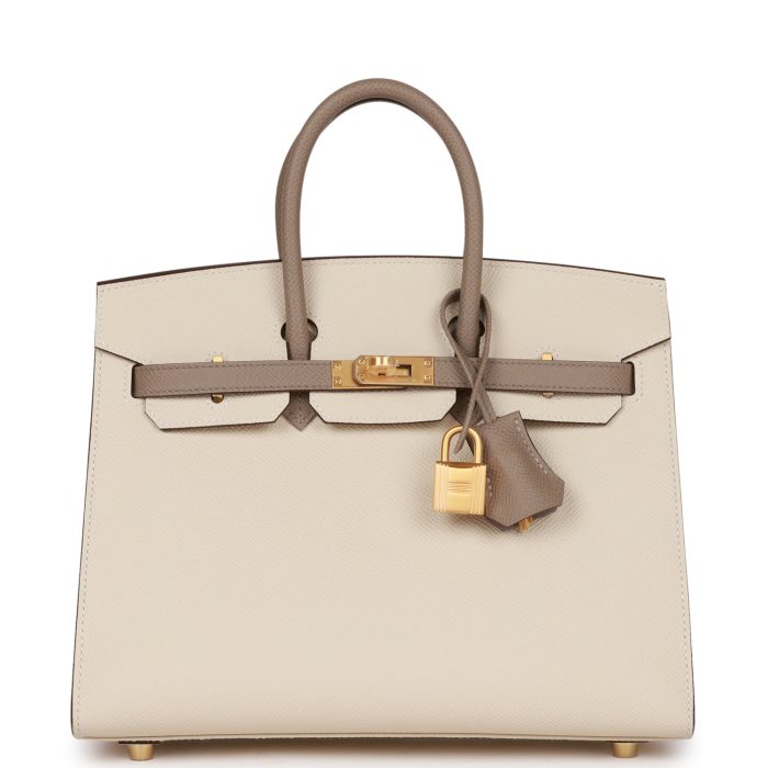 Handmade Bag HSOB(HSS) Sellier 25 Craie and Gris Asphalte Epsom Brushed Gold Hardware