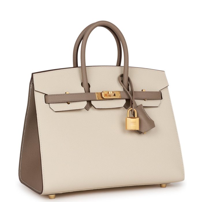 Handmade Bag HSOB(HSS) Sellier 25 Craie and Gris Asphalte Epsom Brushed Gold Hardware - 图片 2