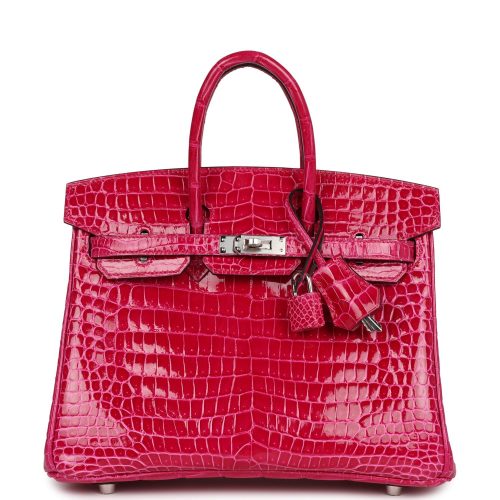 Handmade Bag HB 25 Rose Mexico Shiny Porosus Crocodile Palladium Hardware