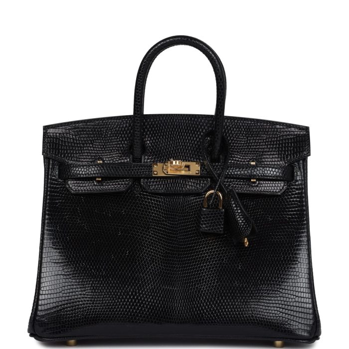 Handmade Bag HB 25 Black Shiny Varanus Niloticus Lizard Gold Hardware
