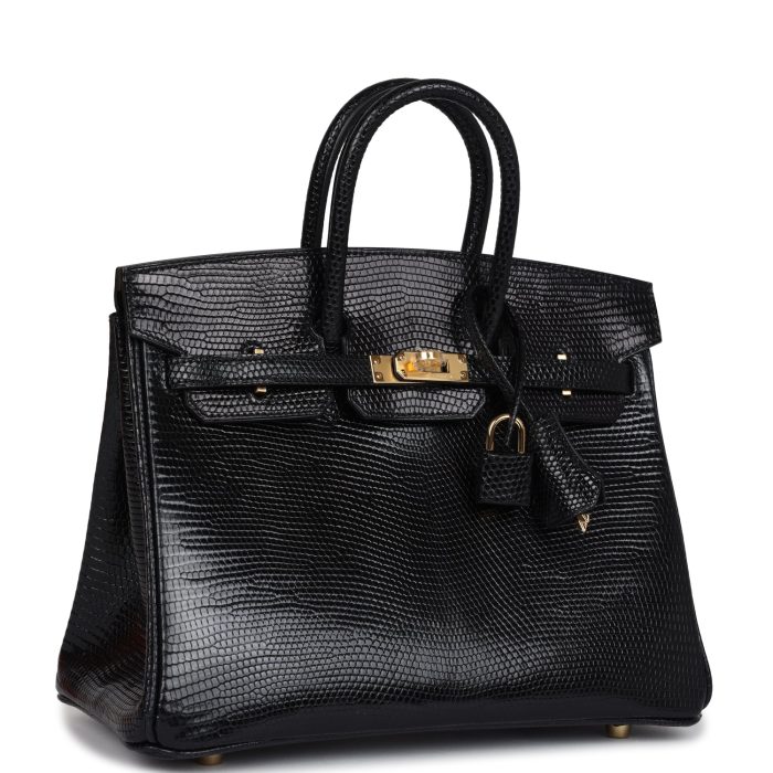 Handmade Bag HB 25 Black Shiny Varanus Niloticus Lizard Gold Hardware - 图片 2