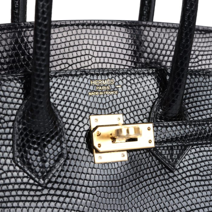 Handmade Bag HB 25 Black Shiny Varanus Niloticus Lizard Gold Hardware - 图片 6