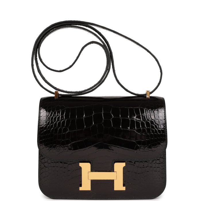 Handmade Bag HC 18 Black Shiny Alligator Gold Hardware
