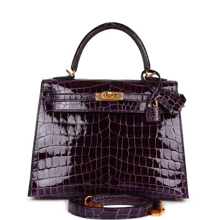 Handmade HKS 25 Aubergine Shiny Niloticus Crocodile Gold Hardware