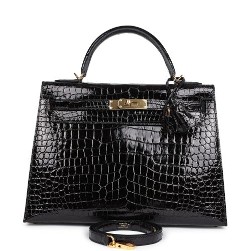 Handmade HKS 32 Black Shiny Porosus Crocodile Gold Hardware