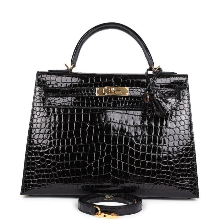Handmade HKS 32 Black Shiny Porosus Crocodile Gold Hardware