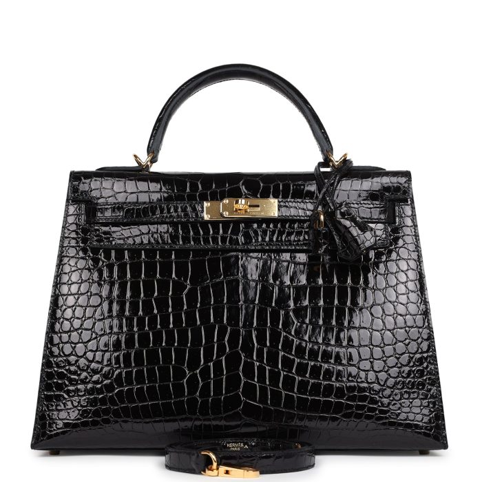 Handmade HKS 32 Black Shiny Porosus Crocodile Gold Hardware - 图片 2