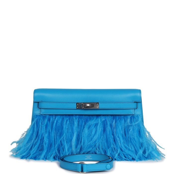 Handmade HKEF Bleu Frida Chevre Chamkila and Ostrich Feathers Palladium Hardware