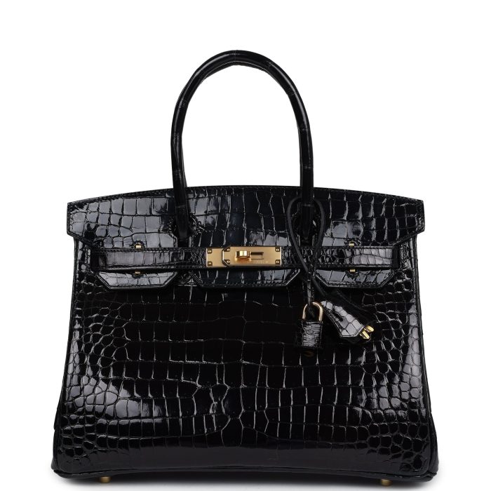 Handmade Bag HB 30 Black Shiny Porosus Crocodile Gold Hardware