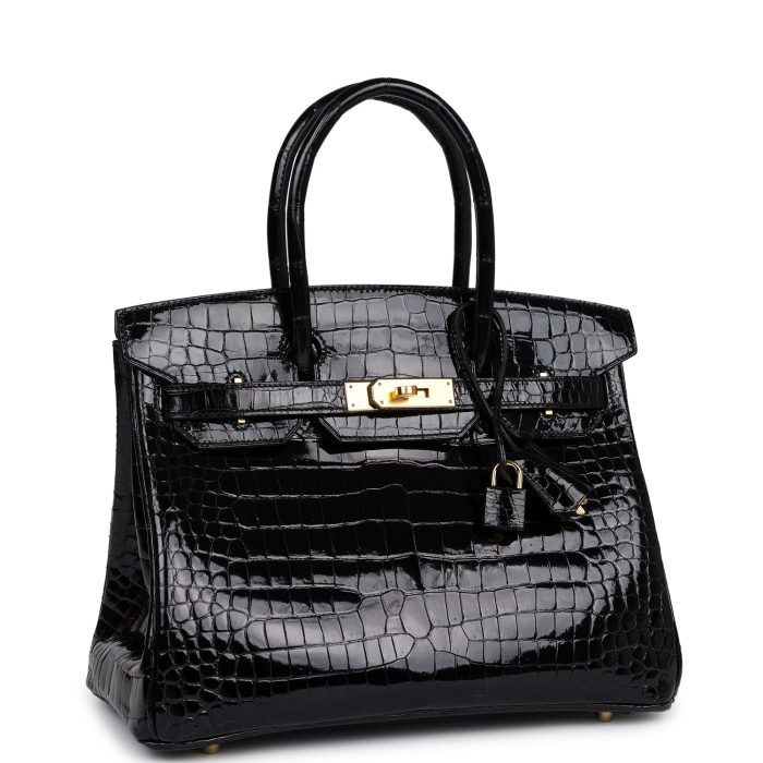 Handmade Bag HB 30 Black Shiny Porosus Crocodile Gold Hardware - 图片 2