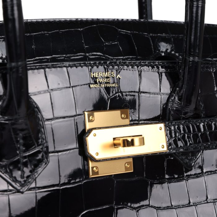 Handmade Bag HB 30 Black Shiny Porosus Crocodile Gold Hardware - 图片 6